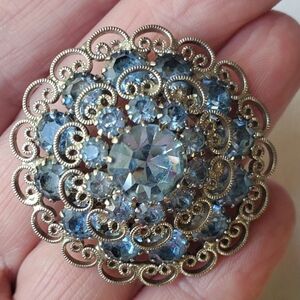 Blue Rhinestone Brooch Frilly Large Vintage 50s